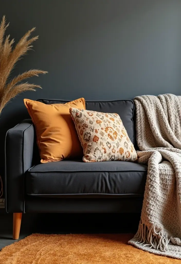 30 Black Couch Living Room Decor Ideas for Contrast and Style - 1. Cozy Textiles for a Warm Touch