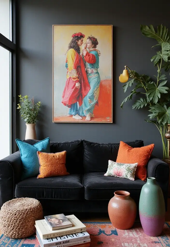30 Black Couch Living Room Decor Ideas for Contrast and Style - 10. Accessories that Pop