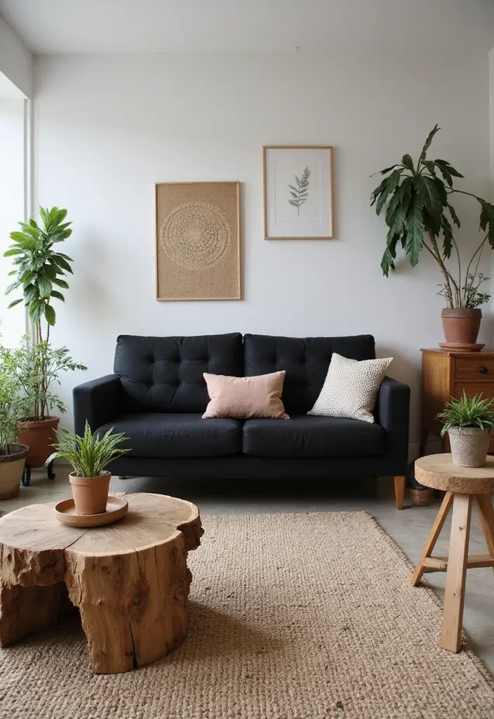 30 Black Couch Living Room Decor Ideas for Contrast and Style - 11. Eco-Friendly Decor Choices