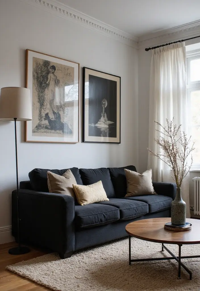 30 Black Couch Living Room Decor Ideas for Contrast and Style - 12. Play with Scale