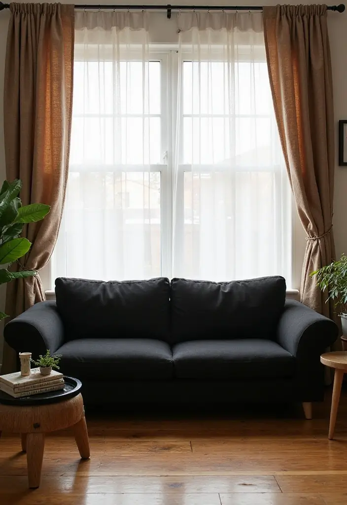 30 Black Couch Living Room Decor Ideas for Contrast and Style - 13. Stylish Curtain Choices