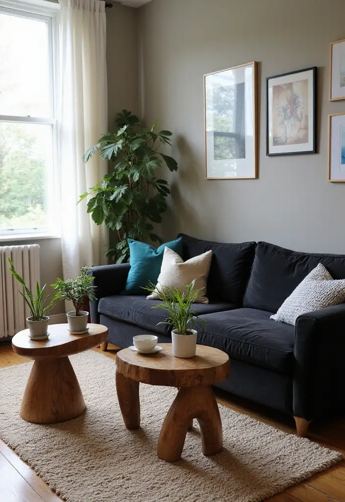 30 Black Couch Living Room Decor Ideas for Contrast and Style - 14. Unique Side Tables