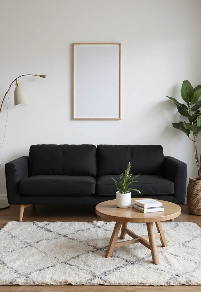 30 Black Couch Living Room Decor Ideas for Contrast and Style - 15. Minimalist Approach with Maximum Impact