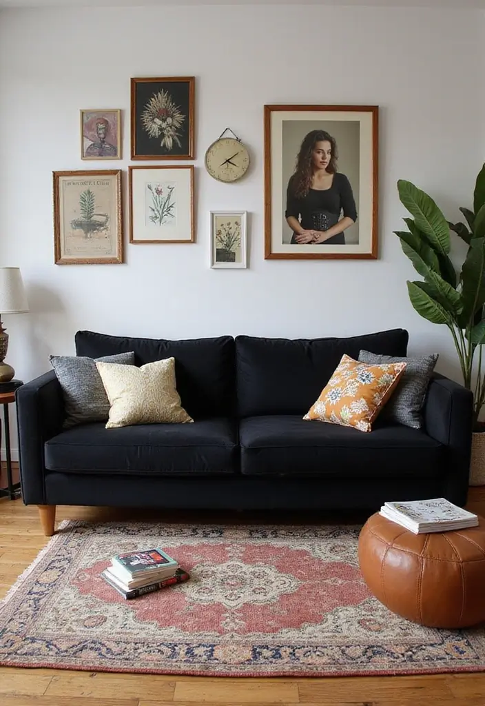 30 Black Couch Living Room Decor Ideas for Contrast and Style - 16. Mix Vintage and Modern Pieces