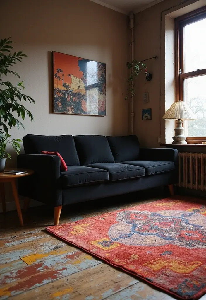 30 Black Couch Living Room Decor Ideas for Contrast and Style - 18. Artistic Floor Choices