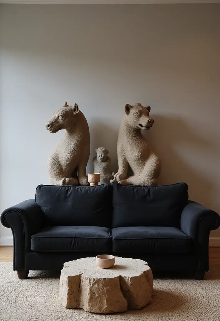 30 Black Couch Living Room Decor Ideas for Contrast and Style - 19. Incorporating Unique Sculptures