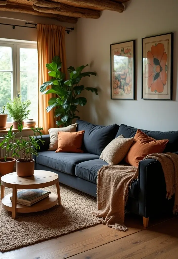 30 Black Couch Living Room Decor Ideas for Contrast and Style - 2. Earthy Tones and Natural Accents