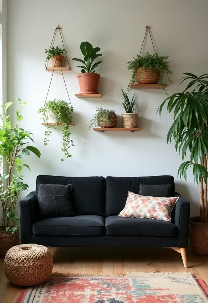 30 Black Couch Living Room Decor Ideas for Contrast and Style - 20. Creative Plant Displays