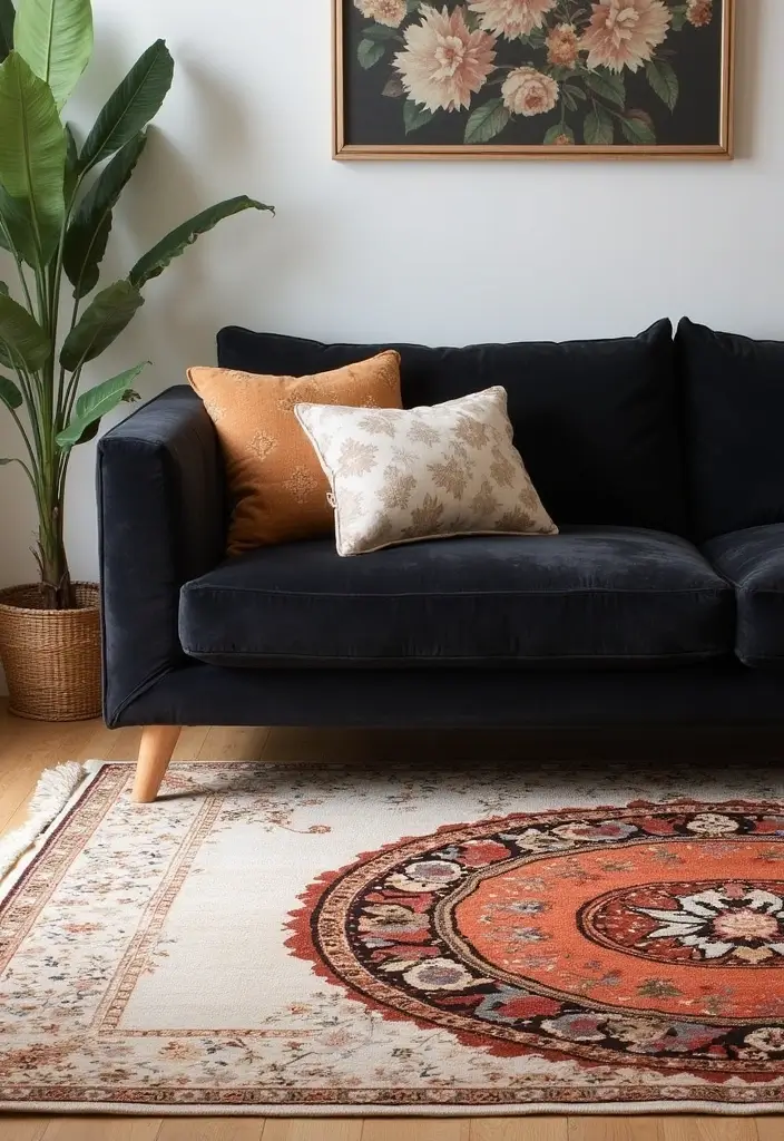 30 Black Couch Living Room Decor Ideas for Contrast and Style - 21. Incorporate Layered Rugs
