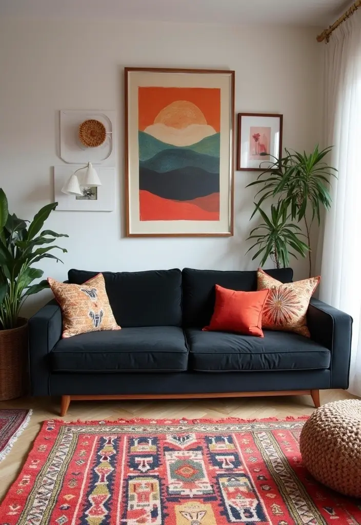 30 Black Couch Living Room Decor Ideas for Contrast and Style - 22. Embrace Geometric Designs