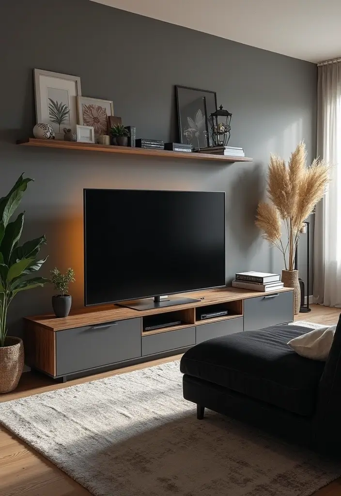 30 Black Couch Living Room Decor Ideas for Contrast and Style - 29. Incorporate Multimedia