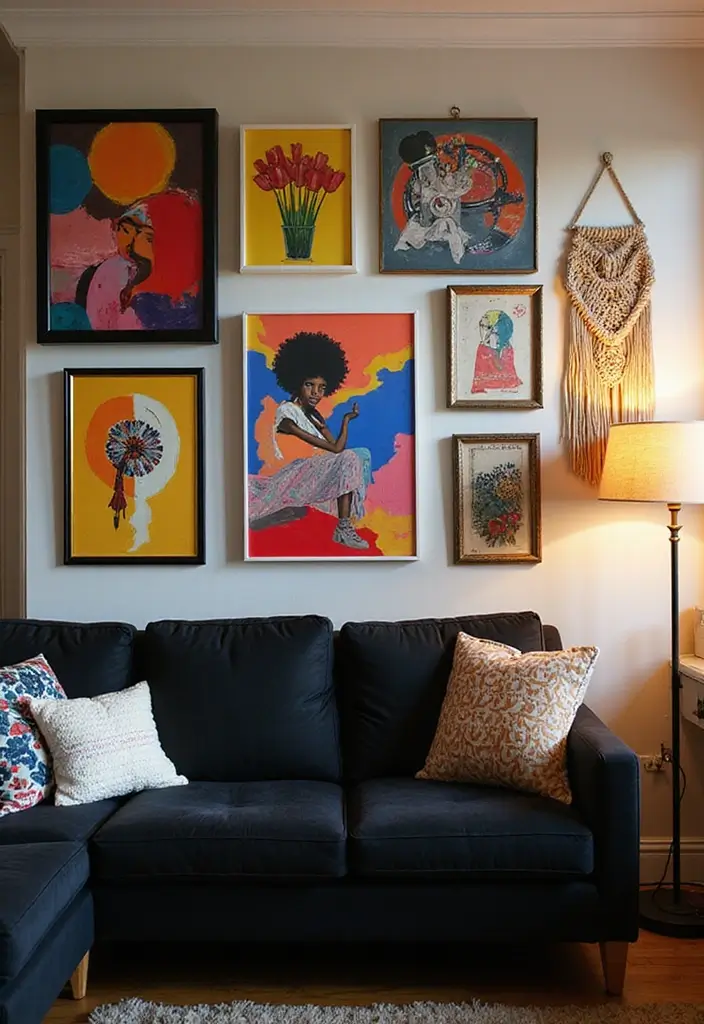 30 Black Couch Living Room Decor Ideas for Contrast and Style - 3. Bold Art and Wall Decor