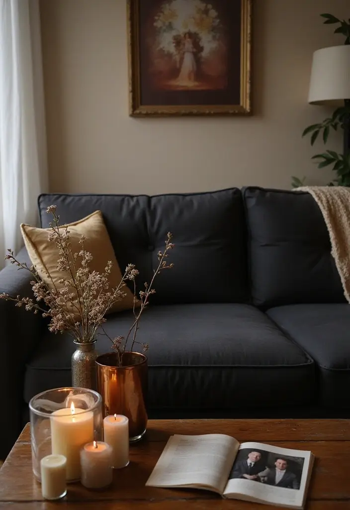 30 Black Couch Living Room Decor Ideas for Contrast and Style - 30. Final Touches with Fragrance
