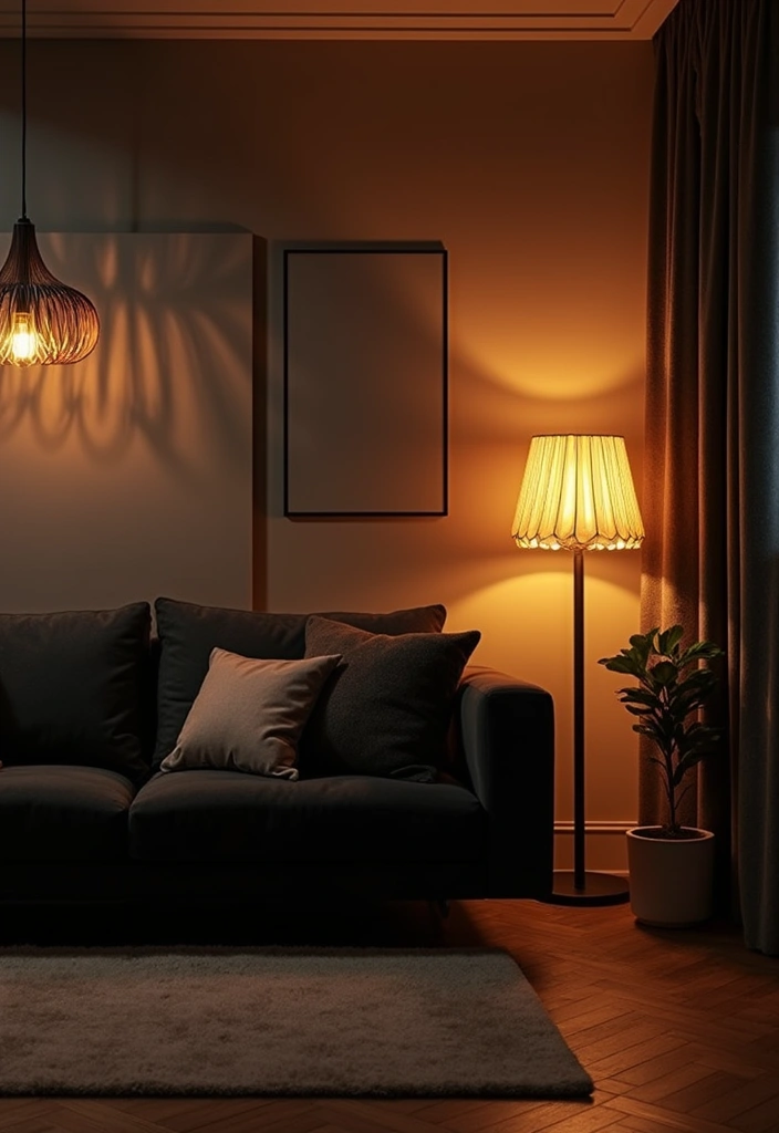 30 Black Couch Living Room Decor Ideas for Contrast and Style - 4. Layered Lighting for Ambiance