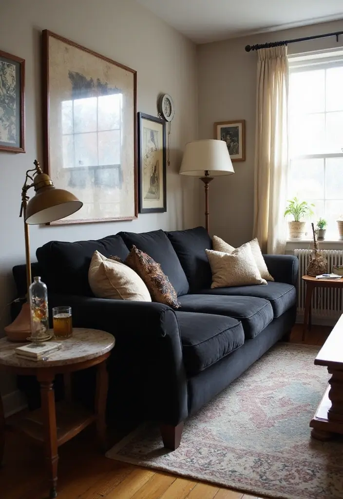 30 Black Couch Living Room Decor Ideas for Contrast and Style - 6. Vintage Finds and Thrifted Gems
