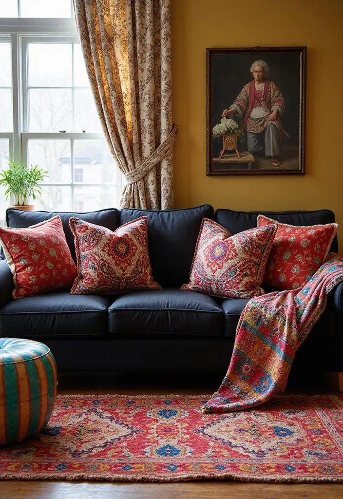 30 Black Couch Living Room Decor Ideas for Contrast and Style - 7. Bright Patterns and Bold Prints