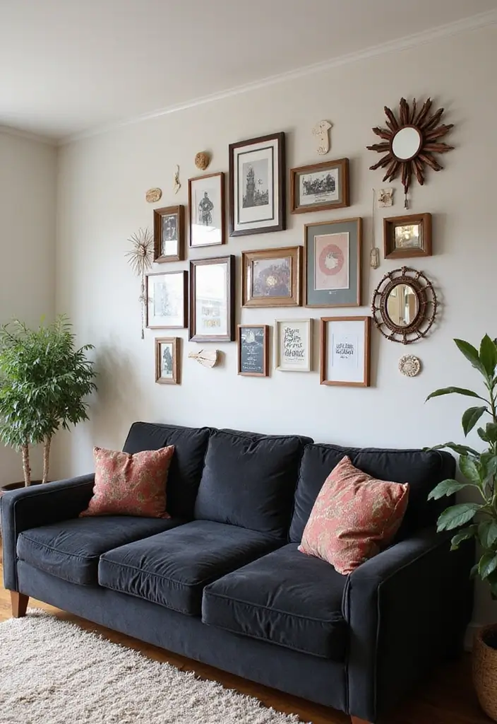 30 Black Couch Living Room Decor Ideas for Contrast and Style - 9. Personalized Gallery Wall