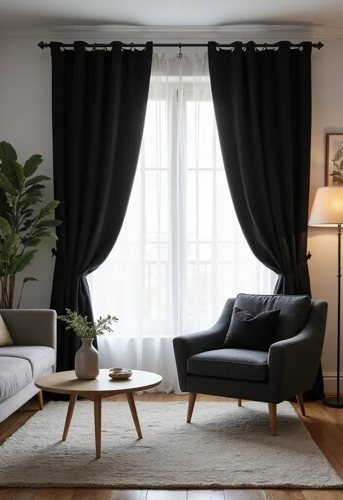 30 Black Living Room Decor Ideas for Bold Interiors - 10. Black Window Treatments