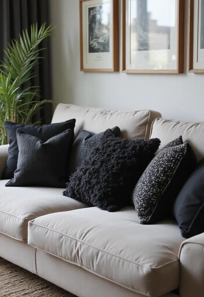 30 Black Living Room Decor Ideas for Bold Interiors - 12. Black Throw Pillows
