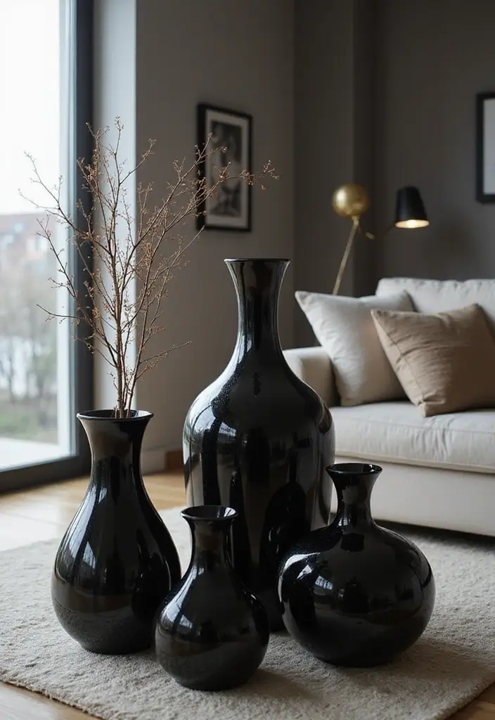 30 Black Living Room Decor Ideas for Bold Interiors - 13. Black Glass Decor