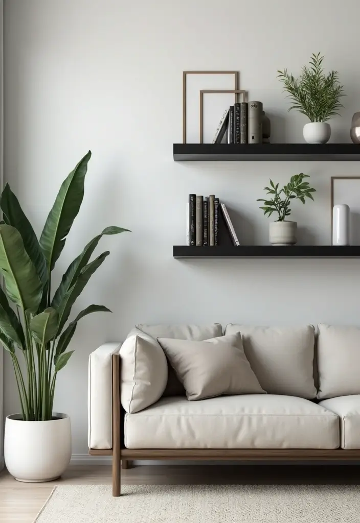 30 Black Living Room Decor Ideas for Bold Interiors - 15. Minimalist Black Shelving
