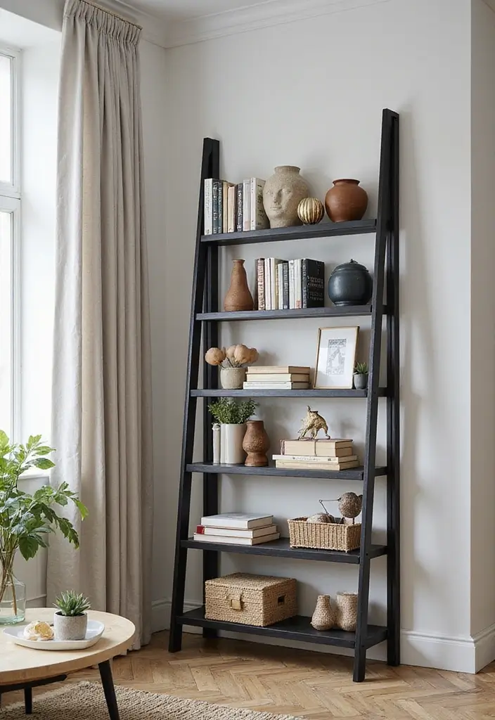 30 Black Living Room Decor Ideas for Bold Interiors - 16. Black Ladder Shelf