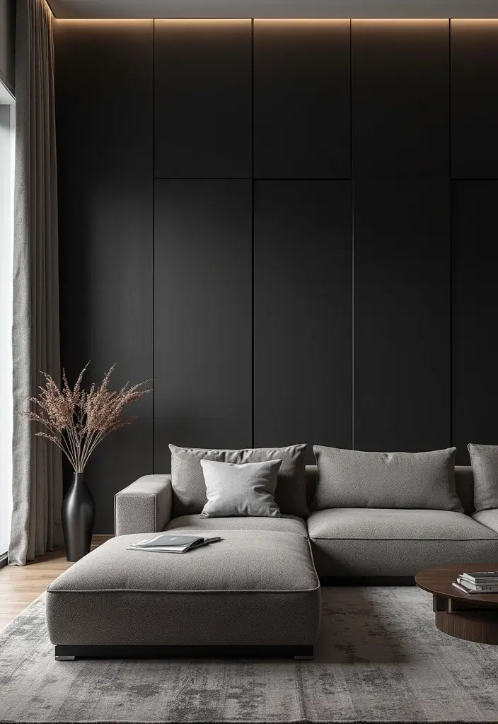 30 Black Living Room Decor Ideas for Bold Interiors - 17. Black Fabric Wall Panels
