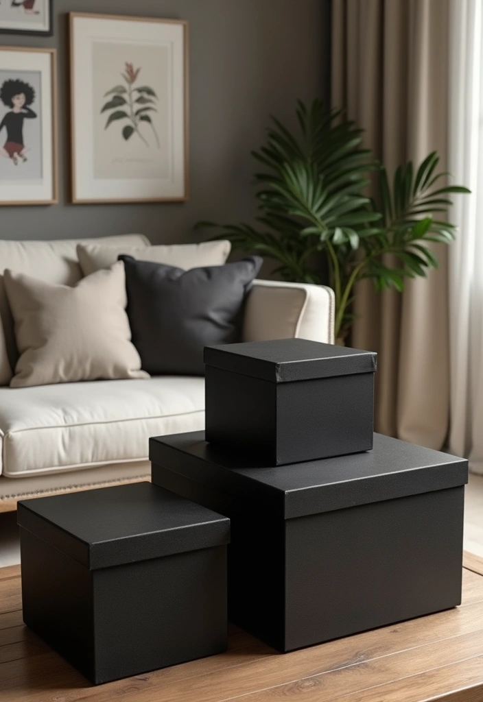 30 Black Living Room Decor Ideas for Bold Interiors - 18. Black Decorative Boxes