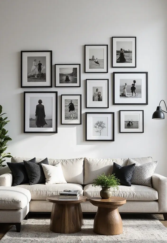 30 Black Living Room Decor Ideas for Bold Interiors - 24. Black Frame Gallery Walls