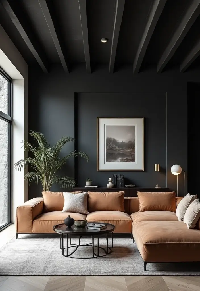 30 Black Living Room Decor Ideas for Bold Interiors - 25. Black Ceiling Beams