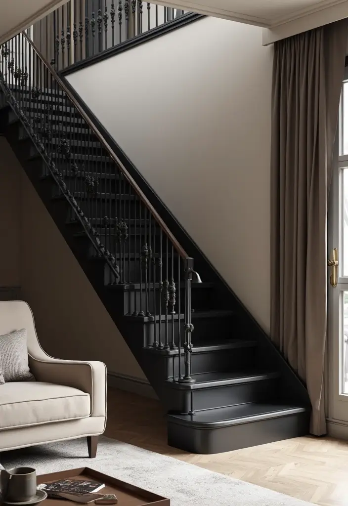 30 Black Living Room Decor Ideas for Bold Interiors - 26. Black Staircase Accents