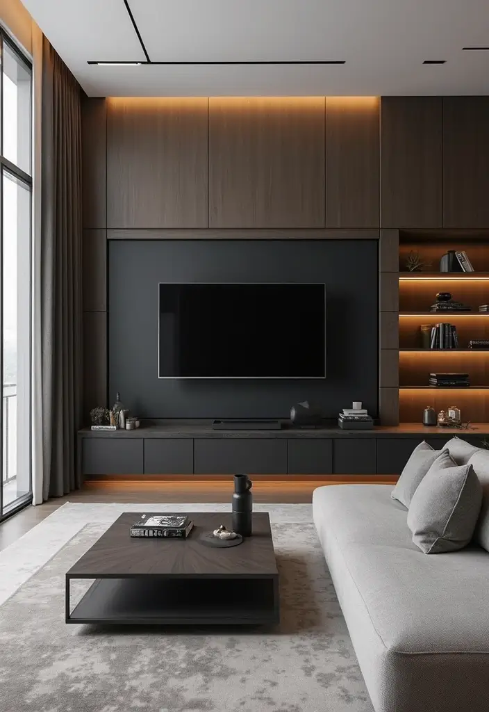 30 Black Living Room Decor Ideas for Bold Interiors - 30. Black Wall-mounted TV Units