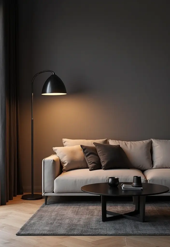 30 Black Living Room Decor Ideas for Bold Interiors - 7. Stylish Black Lighting Fixtures