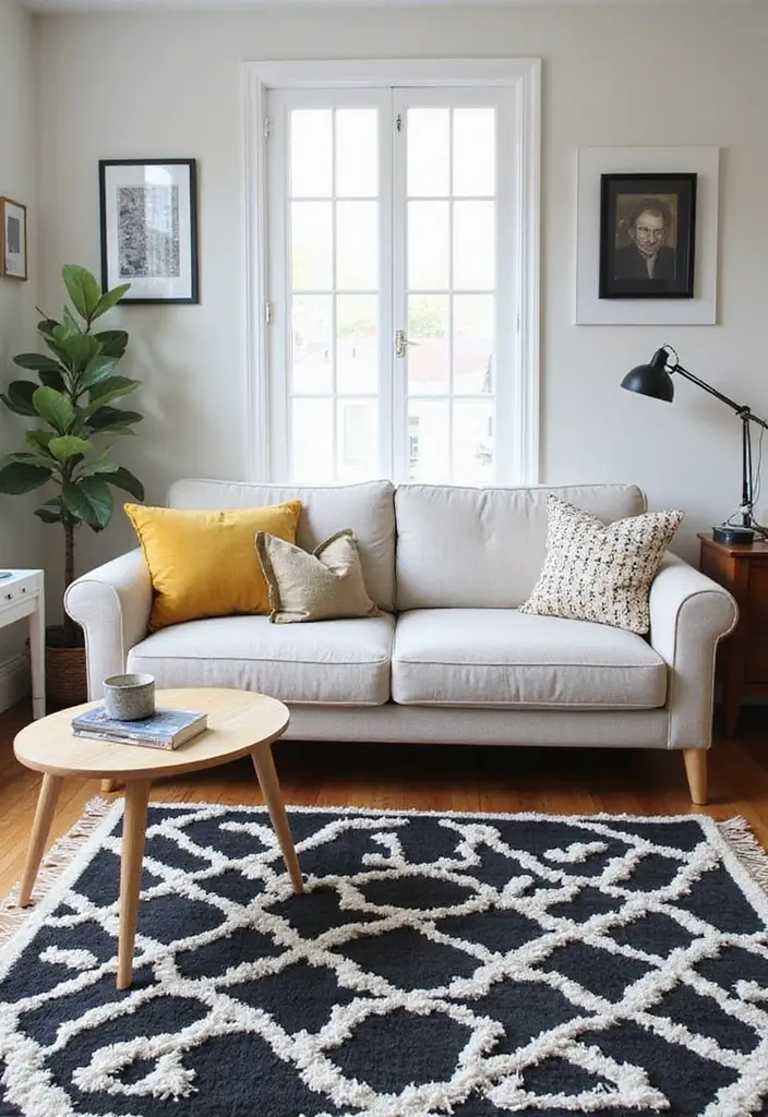 30 Black and White Living Room Decor Ideas for Timeless Design - 10. Statement Rugs