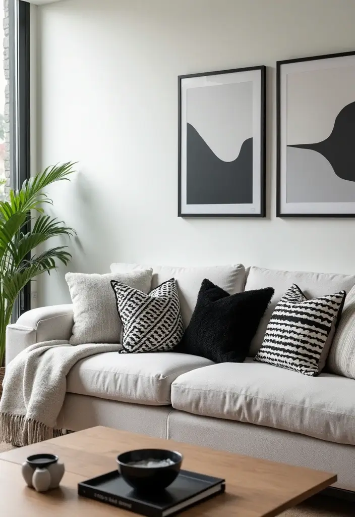 30 Black and White Living Room Decor Ideas for Timeless Design - 12. Black and White Throw Pillows