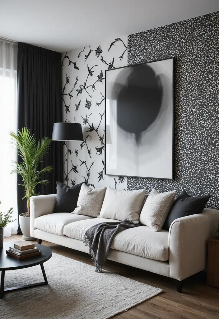 30 Black and White Living Room Decor Ideas for Timeless Design - 15. Monochrome Accent Walls