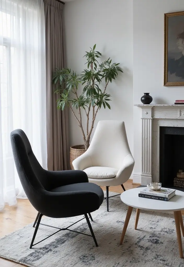 30 Black and White Living Room Decor Ideas for Timeless Design - 17. Monochrome Accent Chairs