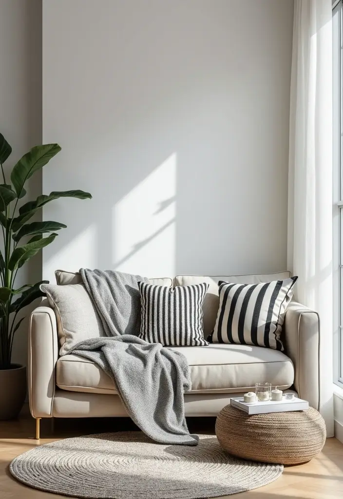 30 Black and White Living Room Decor Ideas for Timeless Design - 2. Striped Accents