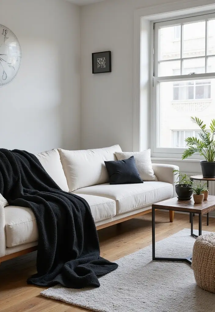 30 Black and White Living Room Decor Ideas for Timeless Design - 20. Black and White Themed Throws