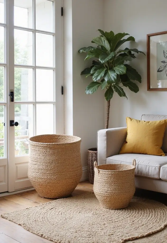 30 Black and White Living Room Decor Ideas for Timeless Design - 22. Decorative Baskets