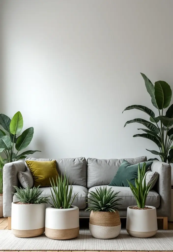 30 Black and White Living Room Decor Ideas for Timeless Design - 26. Monochrome Planters