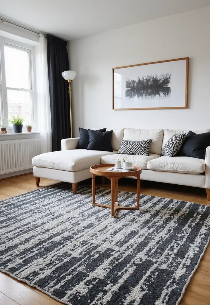 30 Black and White Living Room Decor Ideas for Timeless Design - 27. Artistic Throw Rugs