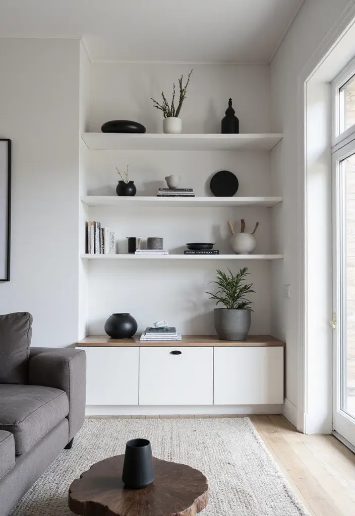 30 Black and White Living Room Decor Ideas for Timeless Design - 9. Minimalist Shelving