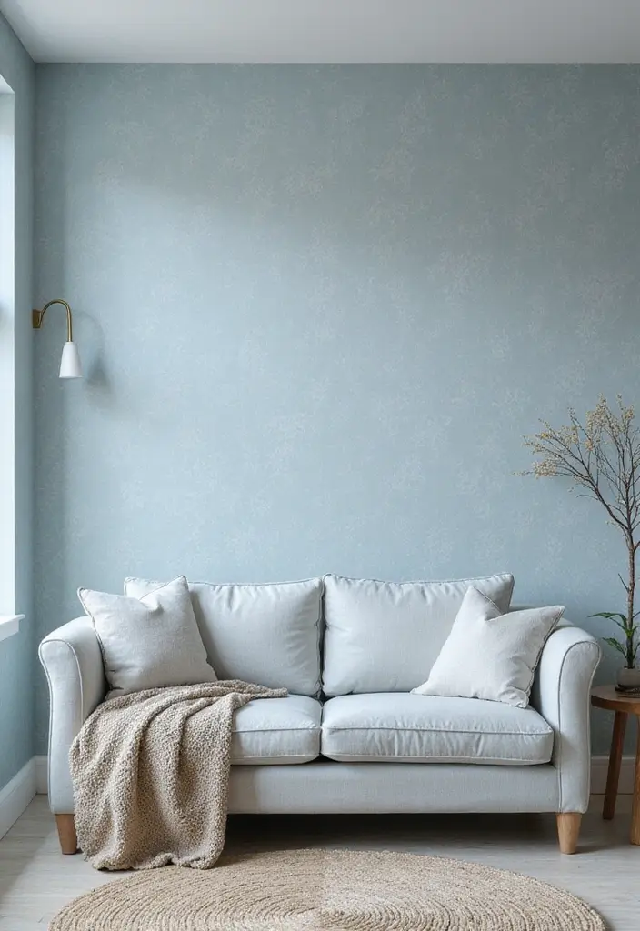 30 Blue Living Room Decor Ideas for a Calm Space - 15. Subtle Blue Wallpaper