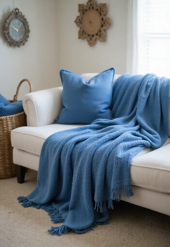 30 Blue Living Room Decor Ideas for a Calm Space - 16. Blue Throw Blankets