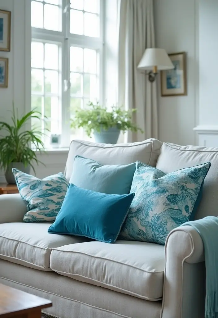 30 Blue Living Room Decor Ideas for a Calm Space - 19. Coastal Blue Pillows