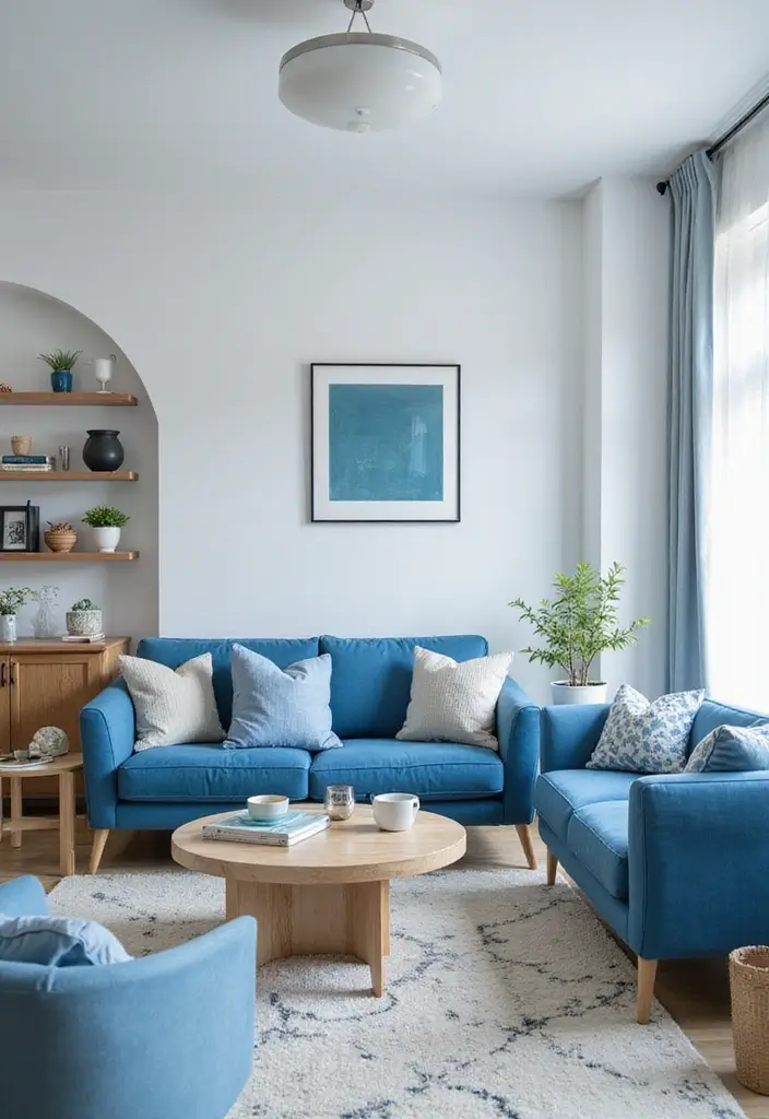30 Blue Living Room Decor Ideas for a Calm Space - 20. Blue and White Color Contrast