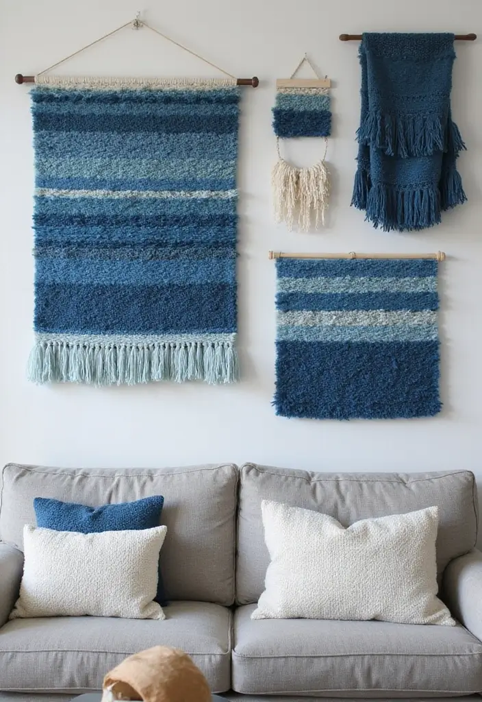 30 Blue Living Room Decor Ideas for a Calm Space - 21. Textured Blue Wall Hangings