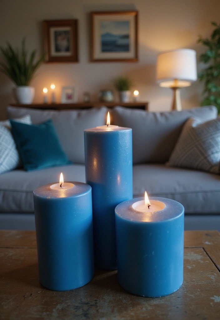 30 Blue Living Room Decor Ideas for a Calm Space - 22. Blue Candles for Ambiance