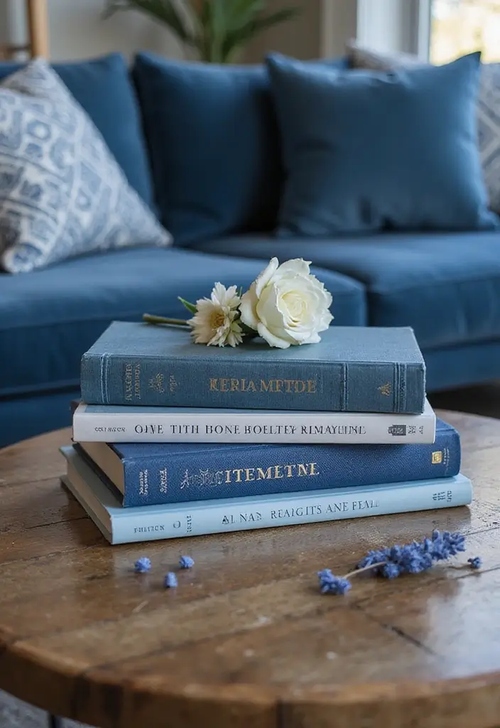 30 Blue Living Room Decor Ideas for a Calm Space - 23. Blue-Themed Coffee Table Books